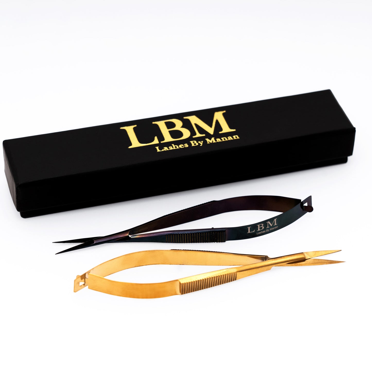 Eyebrow Scissors with 'Lashes By Manan' branding on a white background