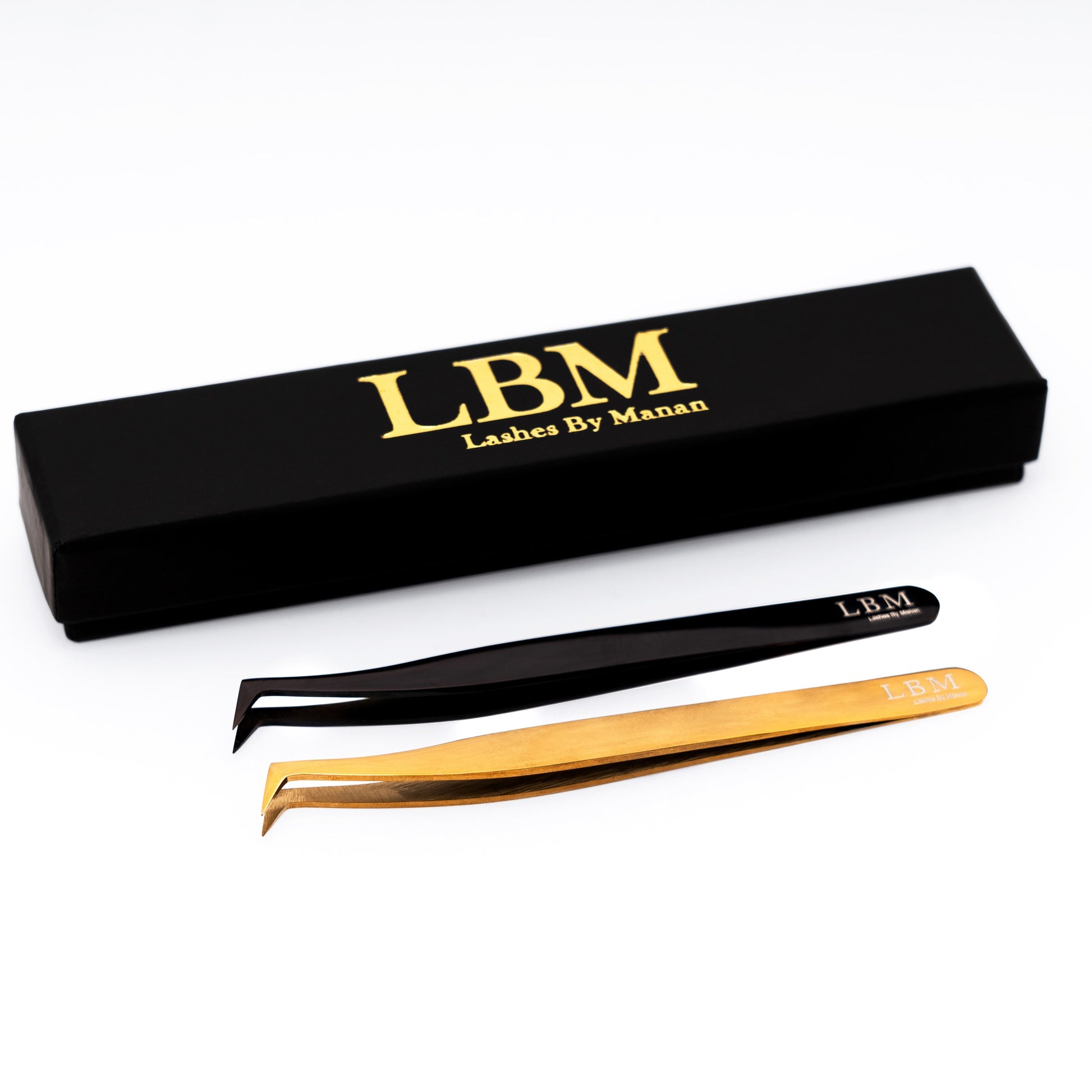 Eyelash extensions tweezers with black and gold design and 'LBM' branding on a white background.