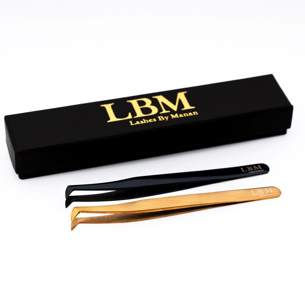 Volume Boot Tweezers with black and gold handles and 'LBM' branding on a white background.