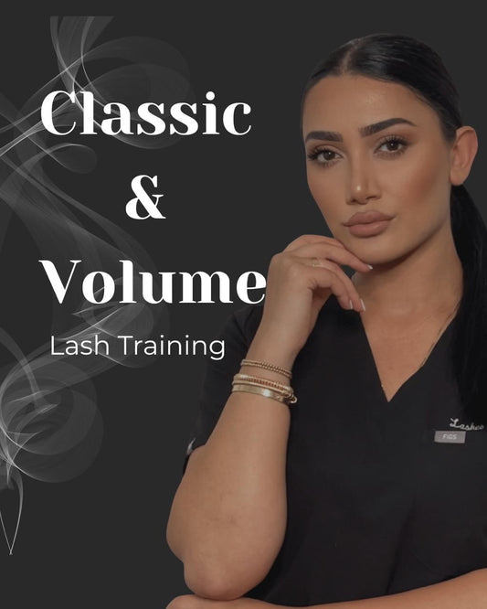Classic & Volume Lash Training cover with lash artist in black uniform on dark background