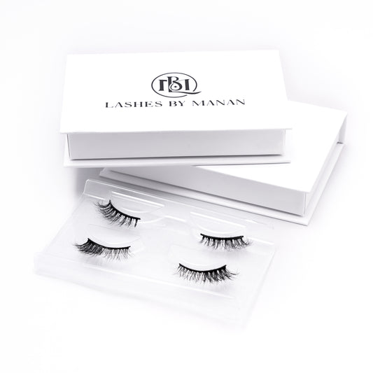 Set of false eyelashes HS04 in a 'Lashes by Manan' box on a white background