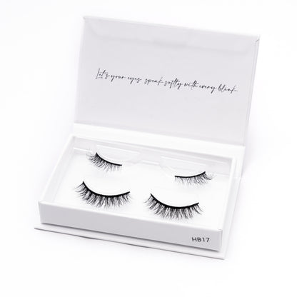 Set of 2 pairs of 3D Mink Lashes style HB17 in a white box with text on a white background