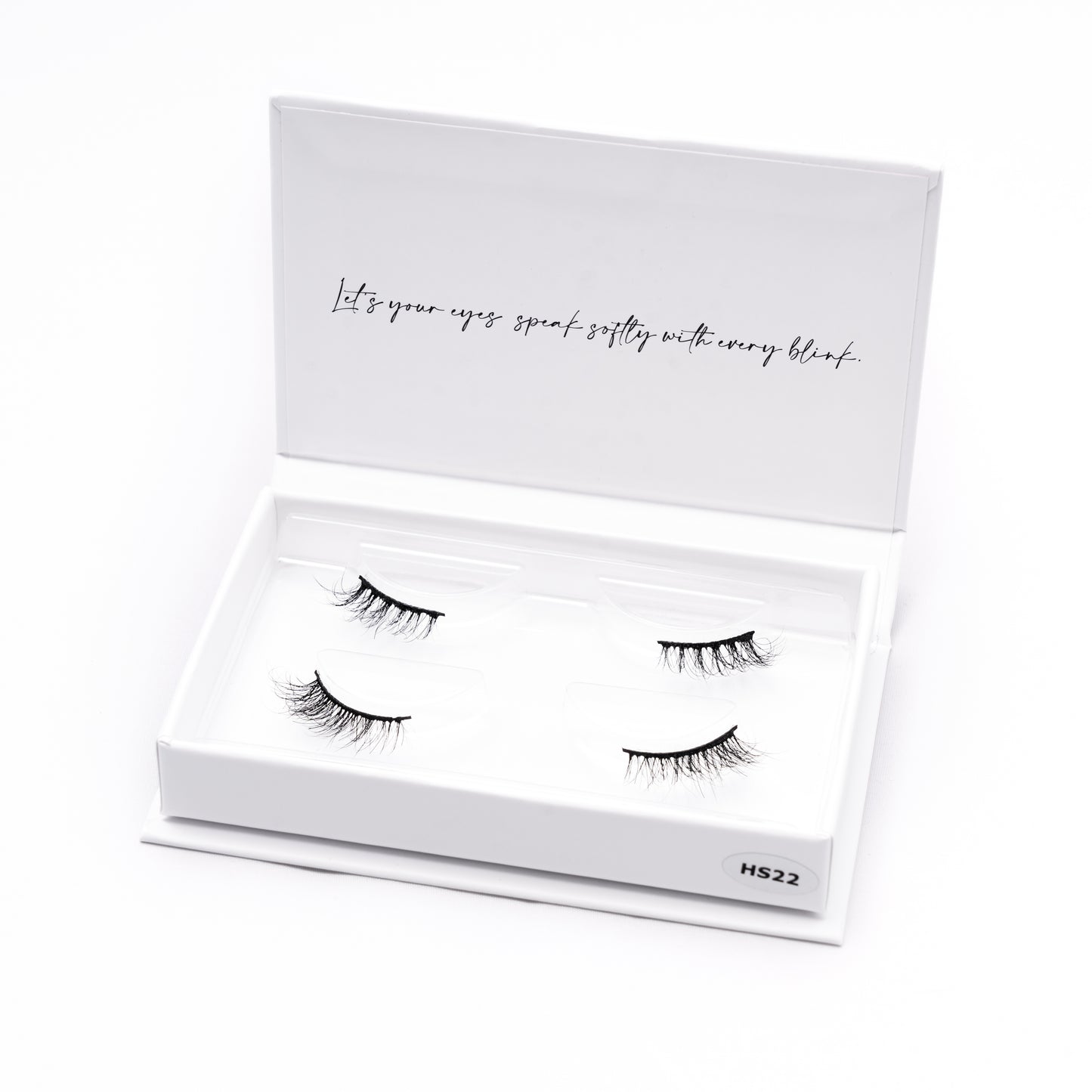 Set of 2 pairs of 3D Mink Lashes style HS22 in a white box with text on a white background