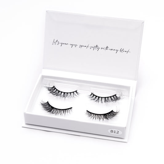 Set of 2 pairs of 3D Mink Lashes style B12 in a white box with text on a white background