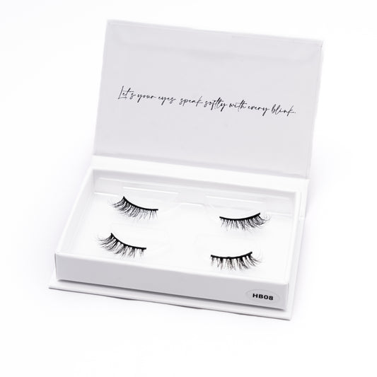 Set of 2 pairs of 3D Mink Lashes style HB08 in a white box with text on a white background