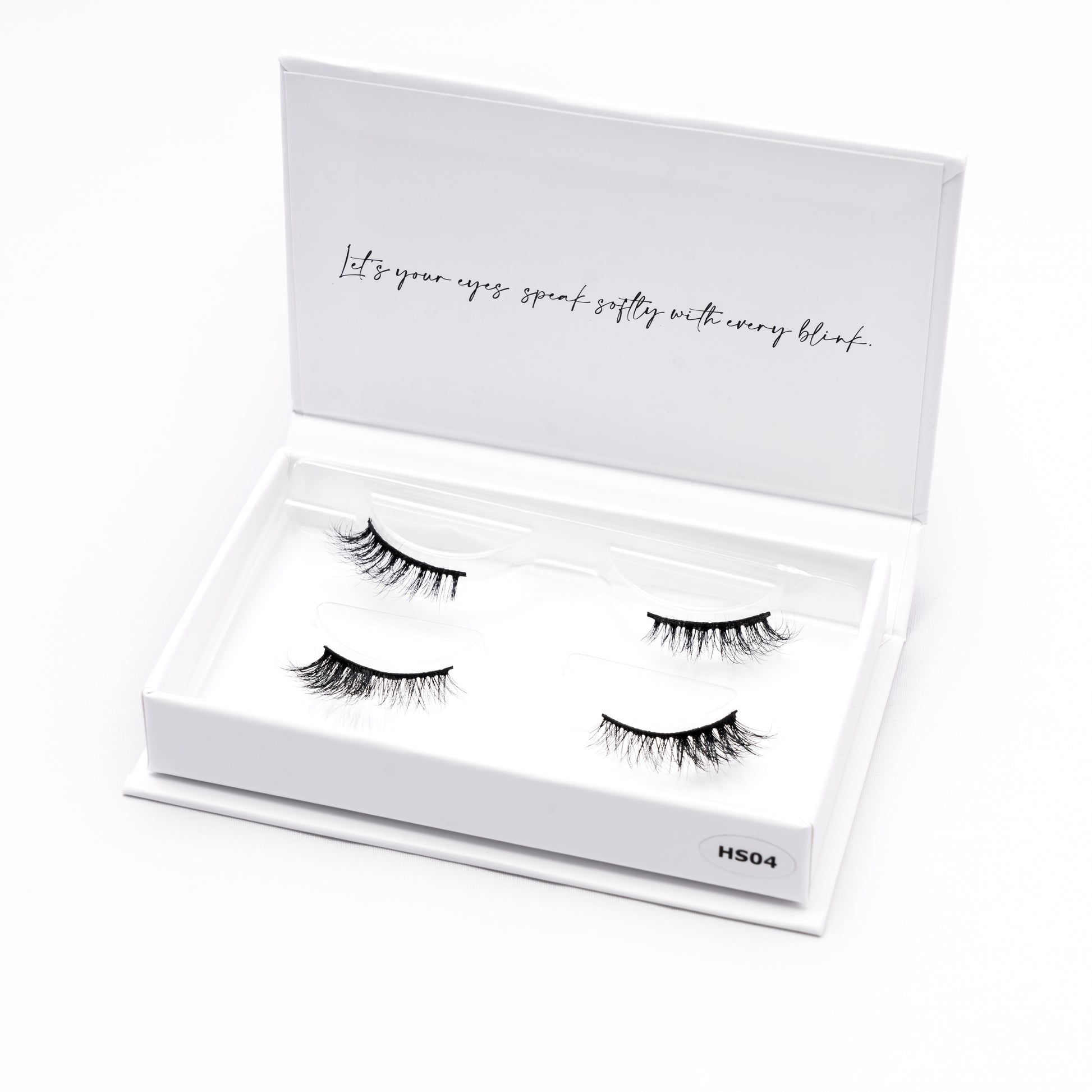 Set of 2 pairs of 3D Mink Lashes style HS04 in a white box with text on a white background