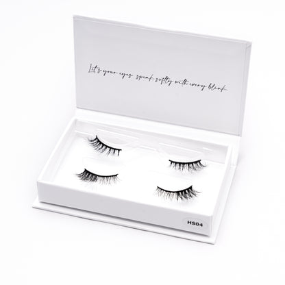 Set of 2 pairs of 3D Mink Lashes style HS04 in a white box with text on a white background