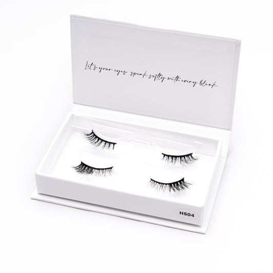 Set of 2 pairs of 3D Mink Lashes style HS04 in a white box with text on a white background